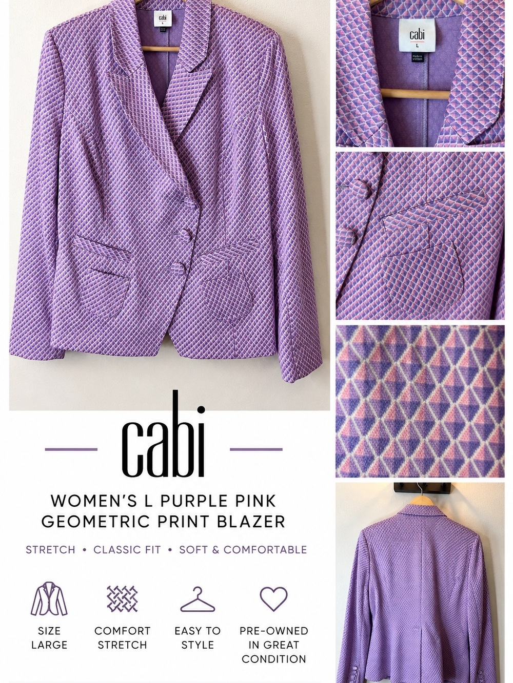CAbi Women’s L Purple Pink Geometric Print Blazer Jacket Stretch